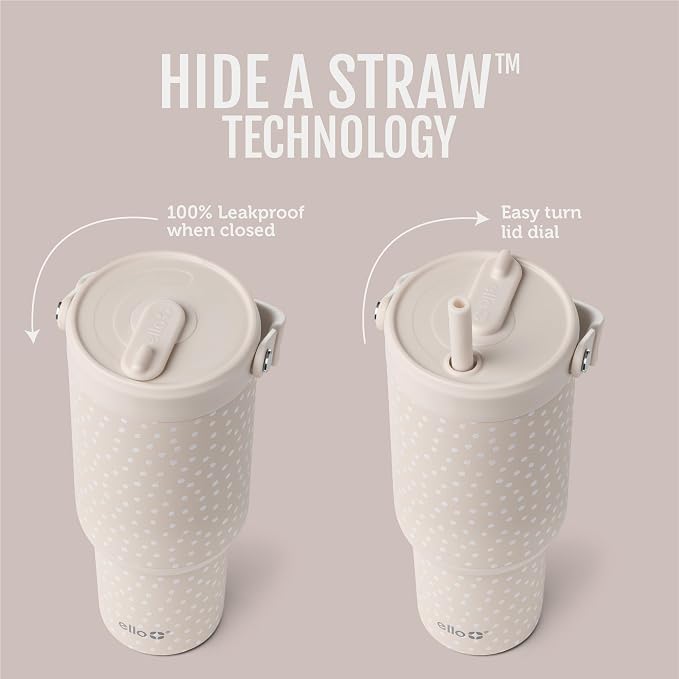 Ello Oasis Go+ 26oz Tumbler with Top Handle and Retracting Straw | Reusable Insulated Stainless Steel Cup, 100% Leakproof Water Bottle, 24 Hours Cold, Cup Holder Friendly For Travel | Wild Dot