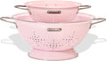 Metal Colander 2 Pack, Strainer Bowel with Handles 2Qt & 6Qt Powder Coated Solid Ring Base Heavey Duty Kitchen Drainer Basket for Pasta Veggies and Fruits,New Home Apartment Essentials (Pink)