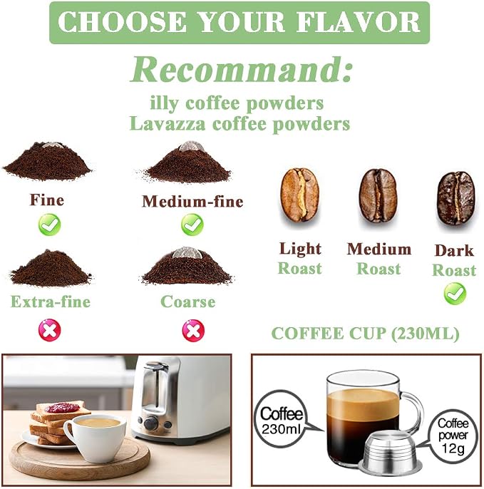 CAPMESSO Stainless Steel Reusable Coffee Capsule, Metal Refillable Coffee Pod Compatible with Nespresso Vertuoline GCA1/ENV135/ENV150/BNV420 (8OZ(Coffee Cup)+10 Silicone Rings)