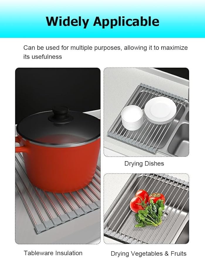 Roll Up Dish Drying, 37-47CM Stainless Steel Over The Sink Dish Drying Rack with Silicone Wrapped Anti-Slip Foldable Multipurpose Dish Drainers for Kitchen Sink(Black,47x30cm/18.5x11.8in)