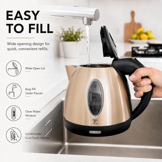 Moss & Stone 1.2L Stainless Steel Small Electric Kettle, Cordless 1500w Fast Boiling Pot, Portable Hot Water Electric Tea Kettle With Boil Dry Protection & Auto Shut-Off (Champagne)
