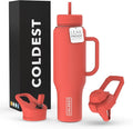 Coldest Tumbler with Handle and Straw - 100% Leak Proof Insulated Tumbler with Lid and Straw (3 Lids) - Stainless Steel Tumblers for Women & Men - Cup Holder Friendly Base, 46 oz (Crimson Red)
