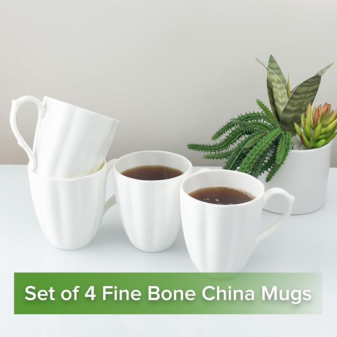 Fine Bone China Pure White Coffee Mugs, Pumpkin Shape 15 oz Large Capacity, Set of 4 Tea Cups, Thin Thickness and Light Weight, With Large Handle Comfortable to Hold, Microwave and Dishwasher Safe