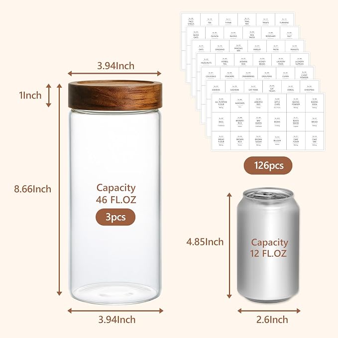 KEYWING 46 fl.oz Glass Storage Jars with Lids, 3 Pack Food Storage Containers For Pantry Organization, Kitchen Airtight Round Canister Set for Cookie, Rice, Flour, Sugar, Snack, Coffee Bean