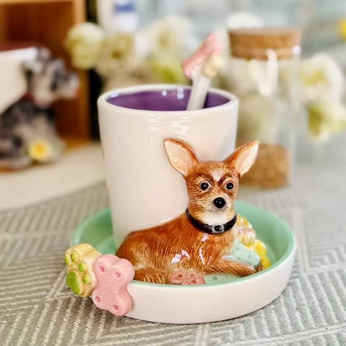 Ceramic Animal Coffee Mug Cup and Saucer Set，200ML(6.8OZ) 3D Hand-painted Tea Cup with Spoon (Brown)