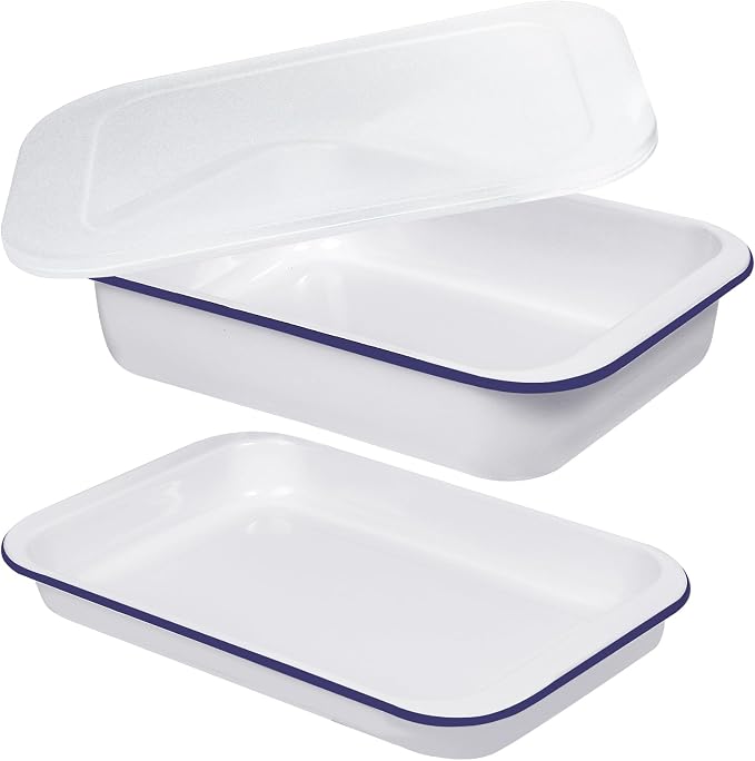 Webake Enamelware Bakeware Set with Lid, One 9x13 Baking Dish & One 9x13 Sheet Pan, Nonstick Enameled Steel Rectangular Serving Tray, Set of 2