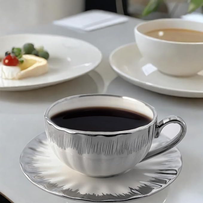 Gold Rimmed Ceramic Coffee Mug with Saucer Cappuccino Mug, 6 oz, for Coffee, Latte, Tea, Set of 6 (silver, Medium)
