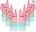 Volhoply 14oz KIds Water Bottle with Straw Lid and Silicone Boot Bulk 6 Pack,Stainless Steel Insulated Cups for Boys & Girls Multipack,Double Wall Vacuum Leakproof Bottles(Pink Green,6)