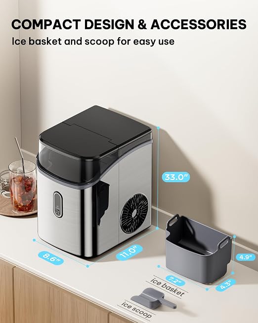 Silonn Nugget Ice Maker Countertop, Pebble Ice Maker with Soft Chewable Ice, One-Click Operation Ice Machine with Self-Cleaning, 33lbs/24H, Stainless Steel