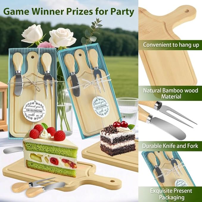 AZEAM 1 Set Baby Bridal Shower Prizes for Game Winners, Bamboo Mini Cheese Board Set with Knife Fork and Present Box, Small Charcuterie Board Bulk for Party Wedding Guests Present