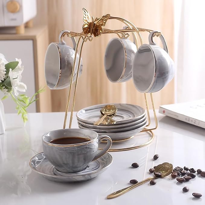 Ceramic Espresso Cups Set with Saucers and Metal Stand, 4 oz Porcelain Stackable Cappuccino Cups Teacup For Tea, Espresso, Latte, Coffee, Cafe Mocha（Gray）