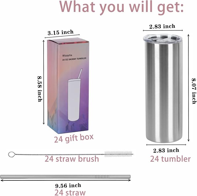 24 Pack 20 Oz Stainless Steel Straight Tumblers, Insulated Slim Skinny Travel Cup Set, BPA-Free Lids and Straws Included, Silver