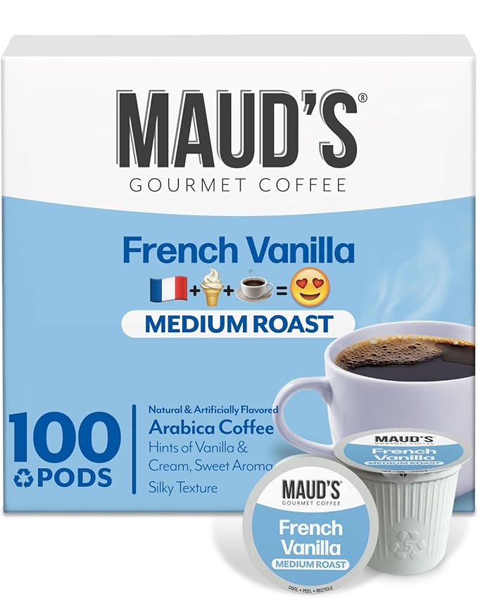 Maud's French Vanilla Coffee Pods, 100 ct, Medium Roast Coffee in Single Serve Pods – 100% Arabica Coffee, Compatible with Keurig K Cups Maker