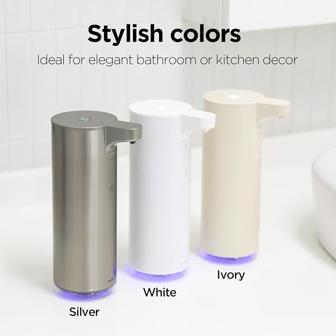mooas Automatic Foaming Hand Soap Dispenser 2 Set (White & Metal) Stainless Steel Rechargeable 2 Level Adjustable Touchless Soap Dispensers for Kitchen, Bathroom, Commercial 9.4oz Each