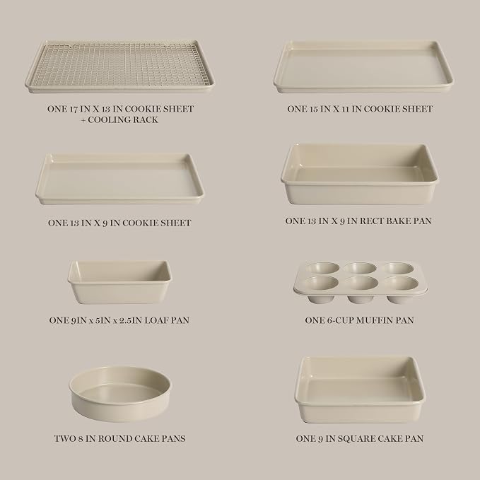 Martha Stewart Gallen 10 Piece Baking Pans Ceramic PFA Free Non Toxic Non Stick Bakeware Set - Taupe