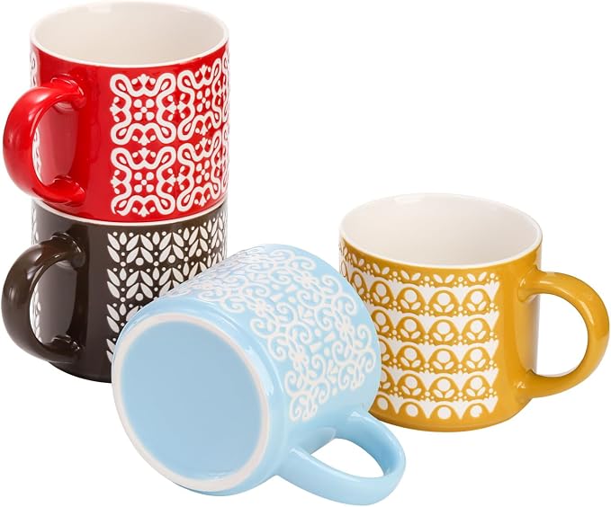 Hiceeden Set of 4 Stackable Coffee Mugs with Rack, 15 oz Colorful Ceramic Coffee Mugs with Metal Stand, Coffee Cup Set for Espresso, Cocoa, Latte, Americano, Cappuccino, Tea, Milk, Multi-colored