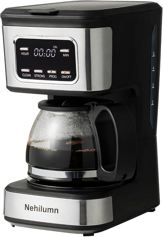 5-Cup Programmable Coffee Maker - Reusable Filter, Clear Water Level Indicator, Auto Shut- Off, Black &Stainless Steel Coffee Pot