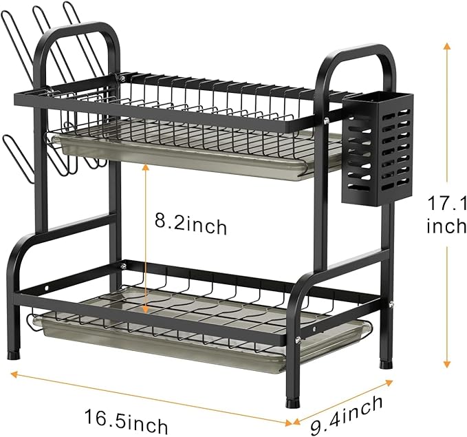 Dish Drying Rack,2 Tier Stainless Steel Dish Rack Drainboard Set,Utensil Holder, Cutting Board Holder,Dish Drainer for Kitchen Counter,Space-Saving (Black)