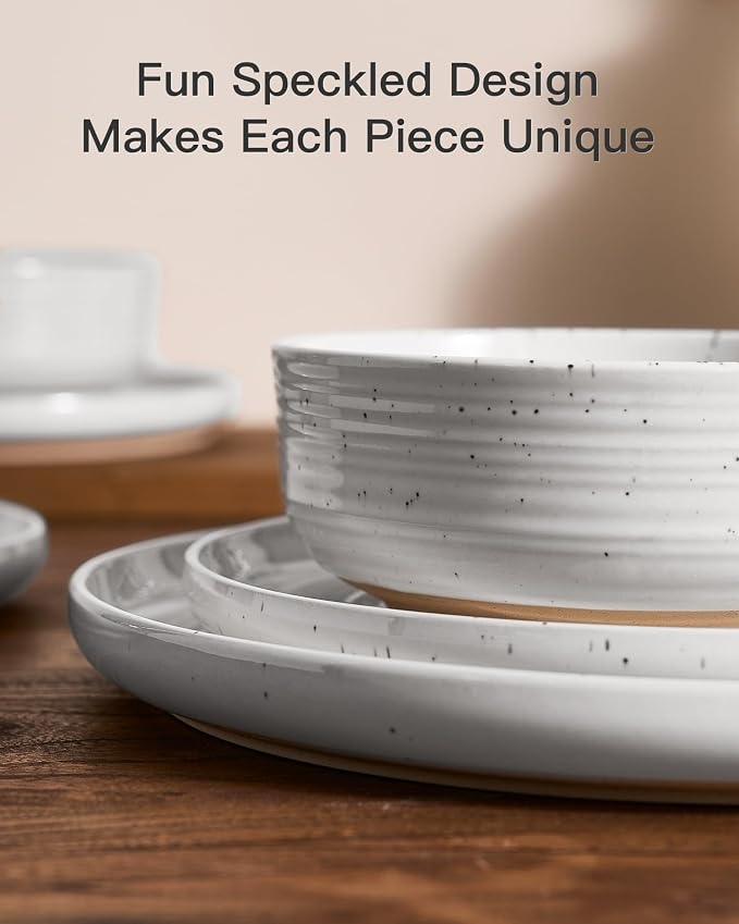 18-Piece Reactive Glaze Stoneware Dinnerware Sets for 6 - Coupe Plates & Bowls with Speckles & Spirals - Chip & Scratch Resistant Dishes, Microwave & Dishwasher Safe - Gift Box, White