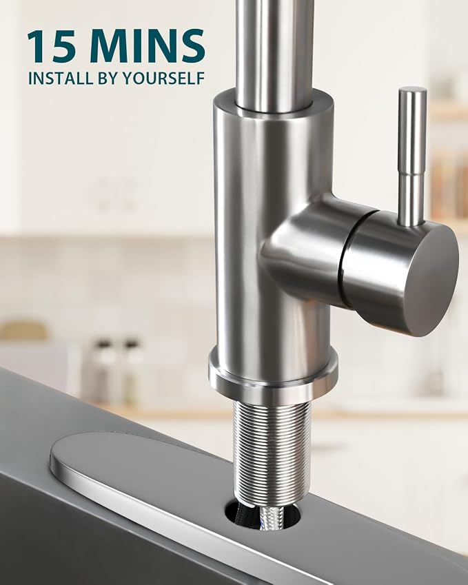 Hiqufet Kitchen Faucet with Deck Plate for 3 Hole or Single Hole Setup | Pull Down Sprayer, High Arc Spout, , for Pot Filling, Pan Rinsing and Daily Kitchen Cleanup