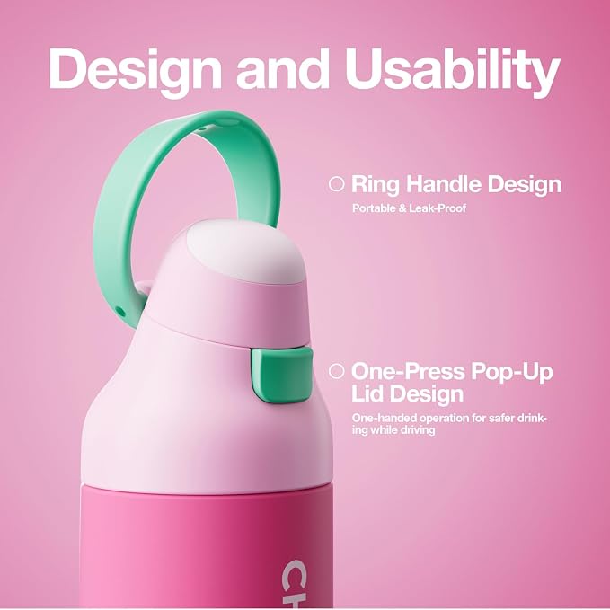 CHAKO LAB Insulated Stainless Steel Water Bottle, BPA-Free Sports Water Bottle,Spout and Straw,Leak Proof Locking Lid,Designed for Travel, School, and Sport,BPA Free,18 oz,Strawberry