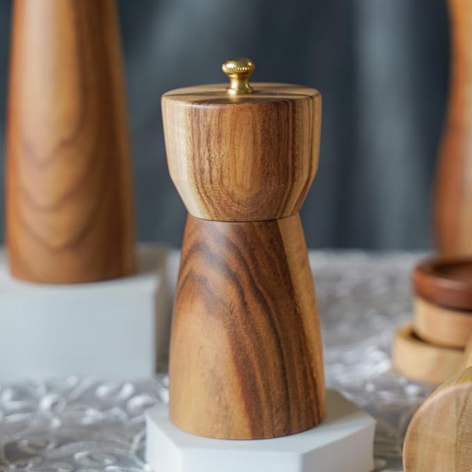 Pepper Grinder, Pepper Mill with Adjustable Stainless Steel, Acacia Wood, 14 cm/5 inch Height, Bottom Dia: 6 cm/2.36 inch (Tray is NOT Included)