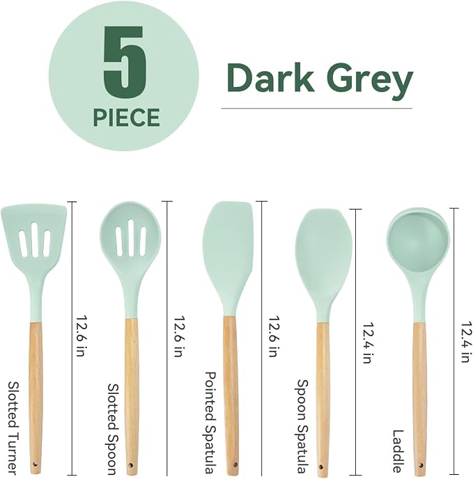 Kitchen Utensils Set, 5 Pcs Non-Stick Silicone Kitchen Cooking Utensils with Wooden Handle, Kitchen Spatula Cookware Utensils Set, Heat Resistant Silicone Kitchen Gadgets (Light Green)