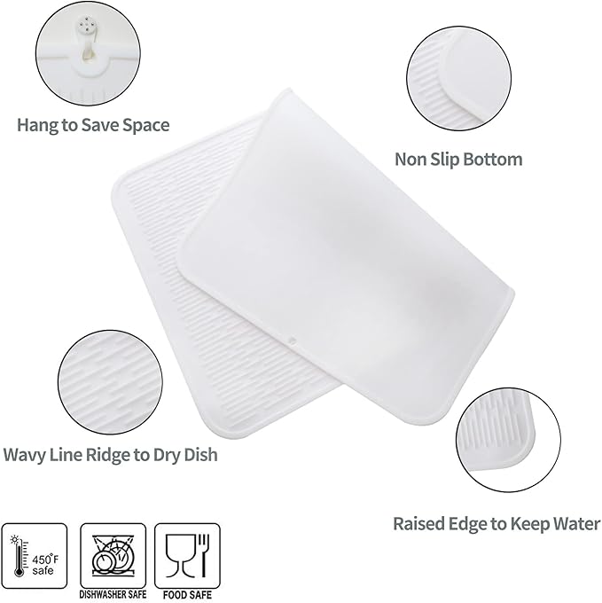 MicoYang Silicone Dish Drying Mat for Multiple Usage,Easy clean,Eco-friendly,Heat-resistant Silicone Mat for Kitchen Counter or Sink,Refrigerator or Drawer Liner White 3XL 28 inches x 18 inches