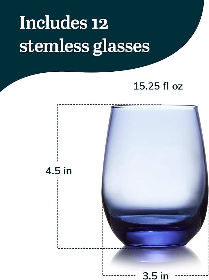 Libbey 231L Stemless Wine Glasses Set of 12, Tidal Blue, Restaurant Quality Red and White Wine Glasses, Drinking Glasses Set for Large Gatherings