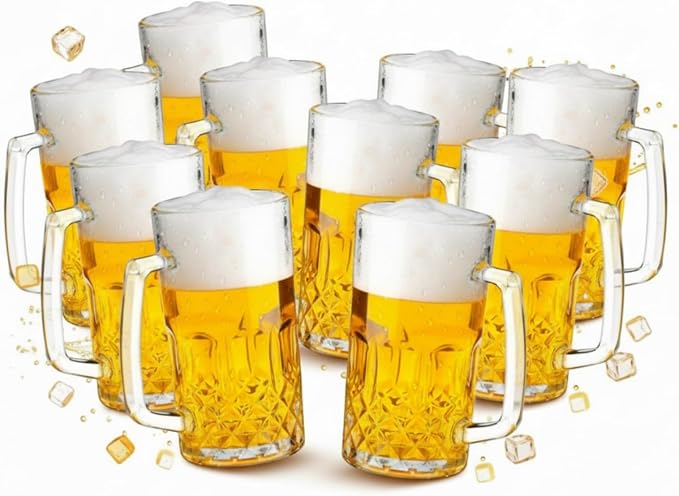 Reallnaive 10 Pack 32 oz Beer Mugs for Oktoberfest Freezer Glass Beer with Handles Mugs Steins German Large Heavy Cups for Men Drinking Gifts (Diamond Style)