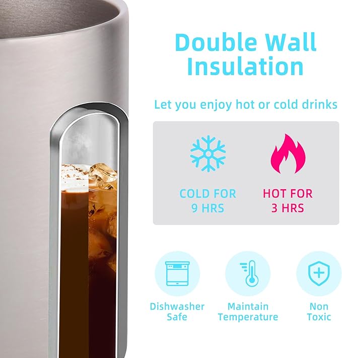 Volhoply 14oz Insulated Stainless Steel Coffee Mug with Lid Bulk 8 Pack,Double Wall Vacuum Travel Coffee Cup with Handle,Reusable Metal Cups Tumbler,Camping Mugs Keep Hot,Ideal Gifts(Silver,8)