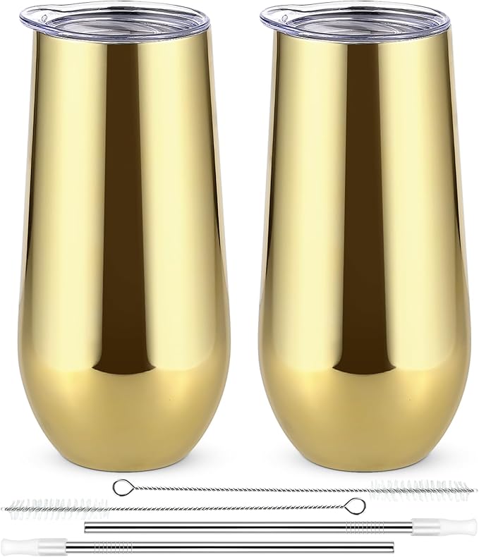 Lifecapido 2 Pack Insulated Stainless Steel Tumblers, 12 oz Stemless Flutes, Insulated Champagne Glass for Party Wedding Christmas Birthday, Gold Plating