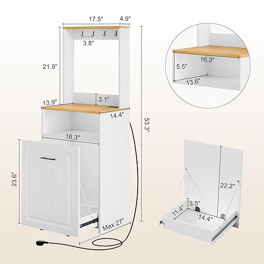 ZIFTY 10 Gallon Pull Out Trash Can Cabinet with Charging Station, Pet Proof Freestanding Kitchen Trash Bin Cabinet with Hooks, Coffee Bar, Wooden Garbage Recycling for Kitchen, Living Room