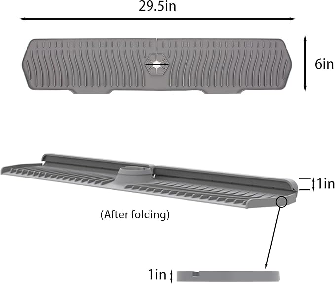 Kitchen Sink Faucet Mat, 30" x 6'' Silicone Faucet Guard & Draining Mat, 90° Foldable Faucet Mat for Kitchen Sink with 2 Water Ports, Splash Guard Kitchen Sink Mat (Gray)