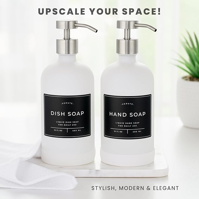 Hand and Dish Soap Dispenser for Kitchen and Bathroom, Set of 2 16 Oz Glass Bottles, Stainless Steel Pumps, Non-Slip Silicone Base, 27 Waterproof Labels (Matte White Bottle/Brushed Silver Pump)