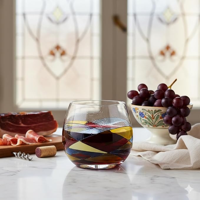 Victoria Barcelona Stemless Ballon Wine Glasses Set 2 21Oz Hand Painted Stained Sagrada Unique Gift Anniversary Wedding Birthday Murano Inspired Antoni Gaudi Cornet (Sagrada Red, Ballon Set 2)