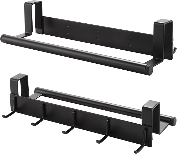 KES Over The Cabinet Door Towel Bar with Hooks, Kitchen Towel Holder with Hooks for Hanging Utensils, Over The Cabinet Door Organizer with Hook 2 Pack, Matte Black, Metal, KUR527-BK-P2