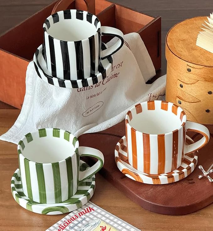 Cup and Saucer Set Hand-Painted Green Stripes, 8 Oz Ceramic Coffee Mug, Espresso Cups, Porcelain Coffee Cup for Cappuccino, Espresso, Coffee, Tea, Cafe Mocha, Latte, Set of Cup Gift for Coffee Lover