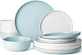 Famiware Milkyway Plates and Bowls Sets, 12 Pieces Dinnerware Sets, Reactive Glaze Dish Set, Stoneware Dishes Set for 4, Matte Beige White & Light Blue