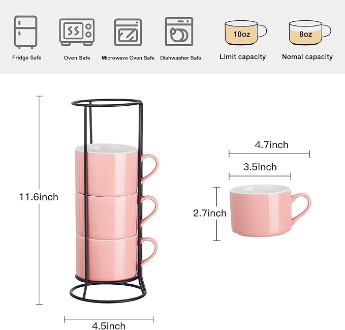 10oz Porcelain Stackable Coffee Mugs and Metal Stand Set of 4, Espresso Cups Set for Hot Drinks, Cappuccino, Tea-Pink