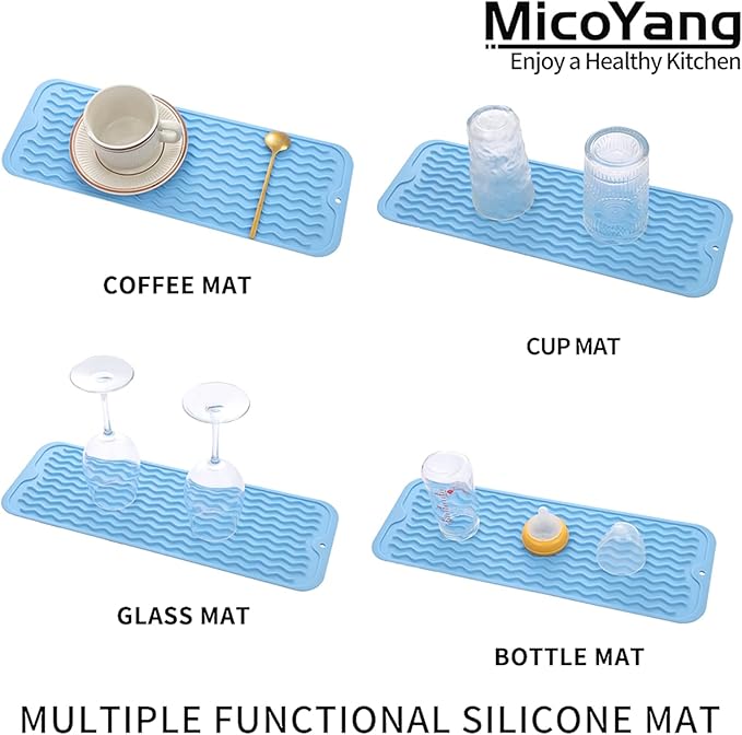 MicoYang Silicone Dish Drying Mat for Multiple Usage,Easy clean,Eco-friendly,Heat-resistant Silicone Mat for Kitchen Counter,Sink,Bar,Bottle,or Cup Light Blue M 17 inches x 6 inches