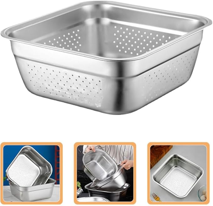 Kichvoe Stainless Steel Square Colander 8.27 Inch Vegetable Washing Basin Large Capacity Kitchen Strainer for Fruit and Vegetable Drainage
