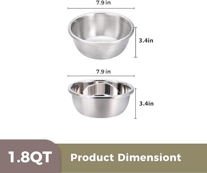 Colander and Bowl Set 1.8QT (2-in-1) - Thickened 304 Stainless Steel Kitchen Strainer Bowl for Fruit, Pasta, Vegetables, Rice - Heavy Duty, Induction Cooker & Dishwasher Safe
