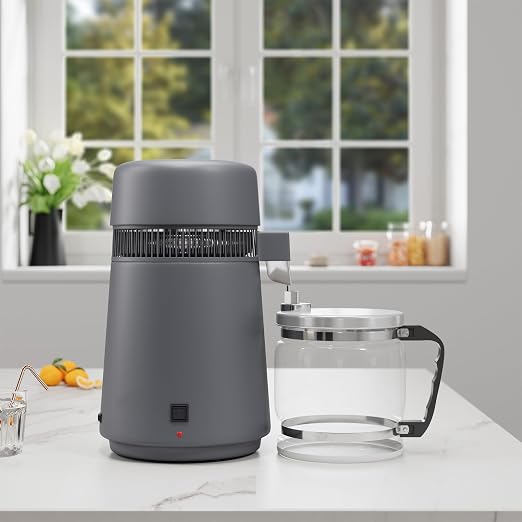 GarveeHome Water Distillers for Home Countertop, 1 gal/4 l Stainless Steel Distilled Water Machine with Glass Container, 750W Desktop Drinking Purifier Filter Distilling Kit, Gray
