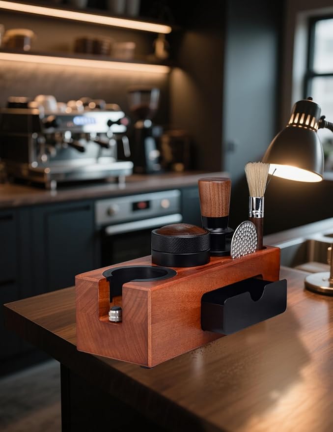 Espresso Tamping Station, Wood Knock Box Drawer Organizer Combo, Compatible with 51-58mm Portafilter and Tamper, for Home Baristas, Coffee Stations, and Espresso Tools Storage