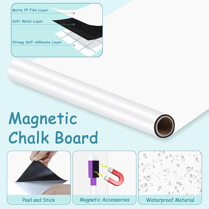 Magnetic Whiteboard Contact Paper 39.3" x 17.5" Peel and Stick Self Adhesive Removable Wallpaper for Home with Multiple Magnet Accessories Magnetic Wall Sticker for Kids Playroom Classroom Essentials