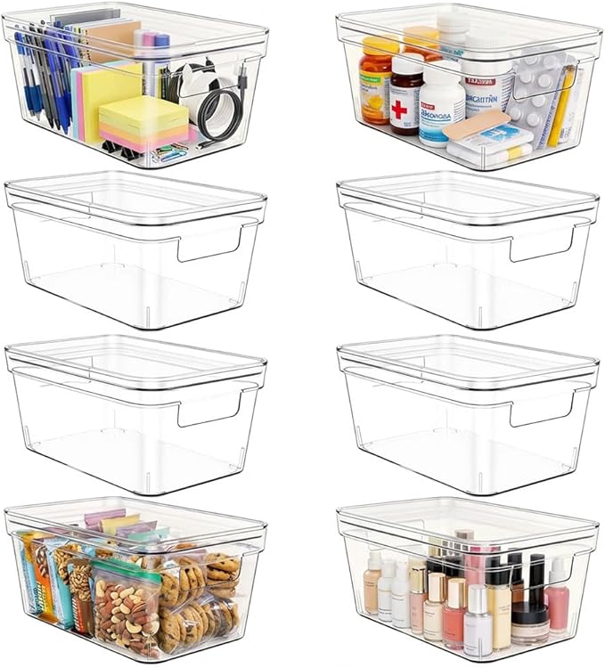 MOONEDGE Small Clear Plastic Storage Bins with Lids and Handles,Stackable Small Item Organizer Containers for Vanity,Craft,Office,Fridge,Kitchen,Pantry,Bathroom,Closet – 8 Pack (10×6×5 in)