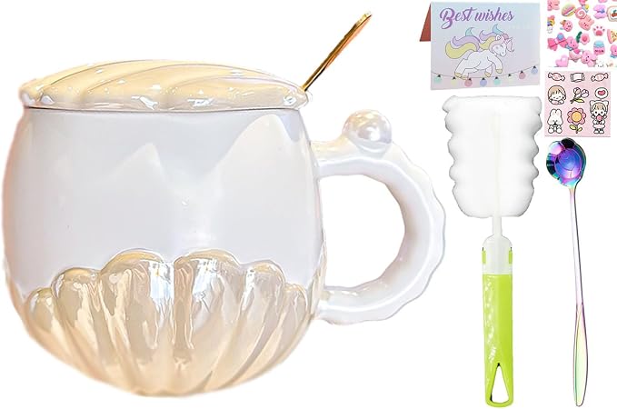 Pearl Ceramic Coffee Mug for Tea Latte Milk Cute Love Shape Cup for Home Office Women Gift 6.5 oz (Shell Round Beige, 350 ml)