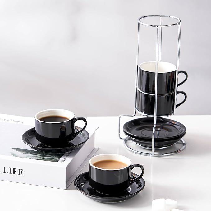 2.5oz Espresso Cups Set of 4, Small Stackable Coffee Cups with Saucers and Metal Stand, Ceramic Demitasse Cups, Cappuccino Cups for Coffee Drinks, Latte, Black