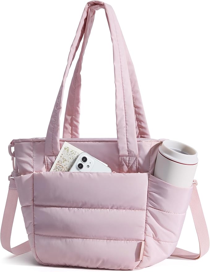 BAGSMART Lunch Bag Women Small Insulated Tote with Lunch Compartment Quilted Lightweight Puffy Tote Bag for Work, Travel, Outdoor, Pink